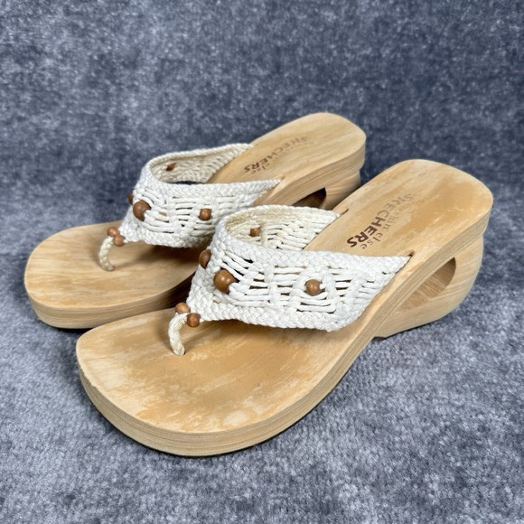 SKECHERS Sandals Women's Size 8 Cali Faux Wooden Wedge Cutout Macrame - Picture 1 of 9